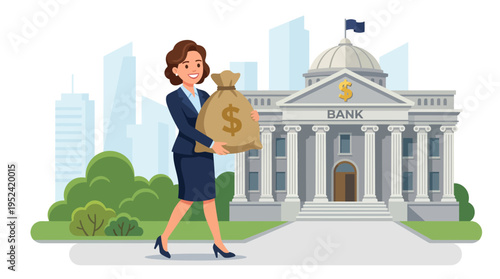 Woman carrying a bag of money in front of a bank building illustration