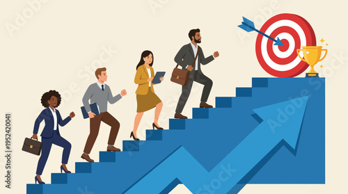 Diverse business team ascending a strategic growth path towards success, aiming for a target and achieving goals