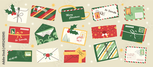 Vintage Christmas envelopes and letters to Santa with festive stamps and wax seals.