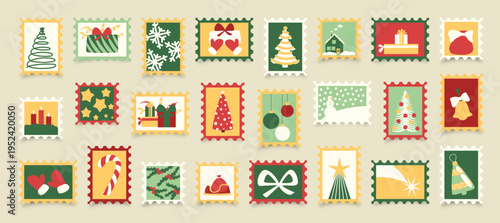 A collection of festive Christmas postage stamps with winter holiday icons.