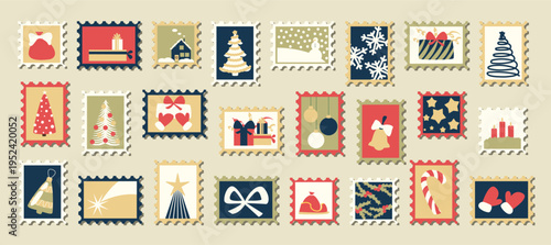 A collection of festive Christmas postage stamps with winter holiday icons.