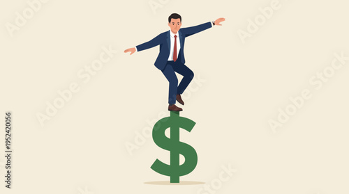 Businessman skillfully balancing on a towering dollar sign, illustrating financial risk and economic stability challenges