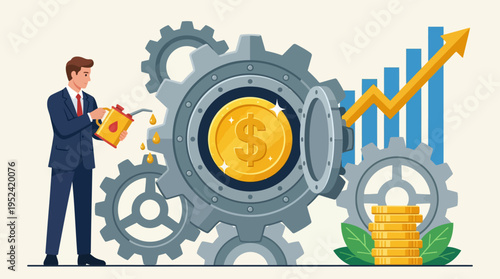 Businessman fueling an intricate financial mechanism, driving investment growth and wealth creation for future prosperity