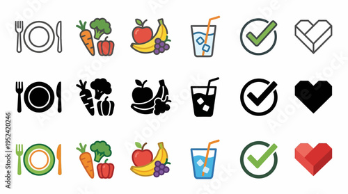 Healthy eating and lifestyle icons including fruits, vegetables, and a heart symbol