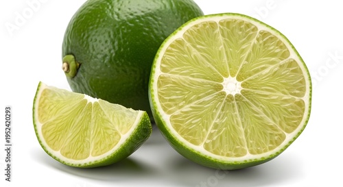 Fresh green limes, one whole, one halved, and one wedge, on a clean white background, showcasing their vibrant color and citrus texture.