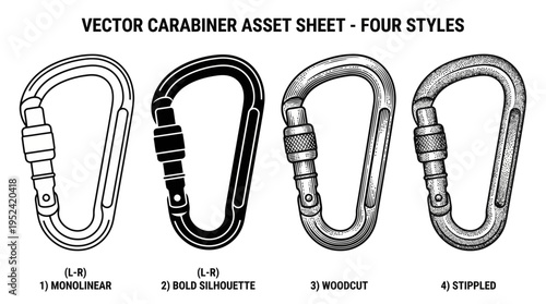 Vector carabiner asset sheet showing four distinct stylistic representations