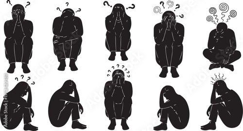 Silhouettes of people expressing various emotions and thoughts