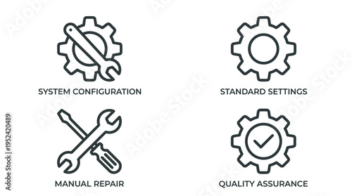 Essential vector icons for business operations, showcasing system settings, configuration, repair, and quality assurance processes