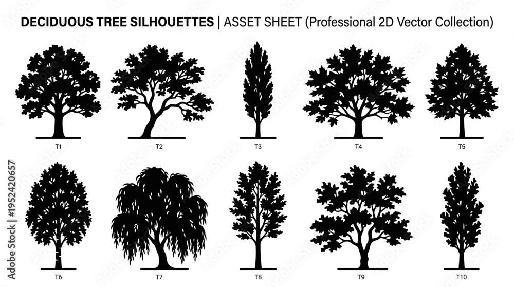 Fototapeta premium Collection of Diverse Deciduous Tree Silhouettes in Vector Format for Design
