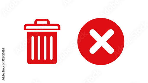 Prominent red warning and action icons featuring a refuse bin for discarding and an X mark for refusal or invalid actions