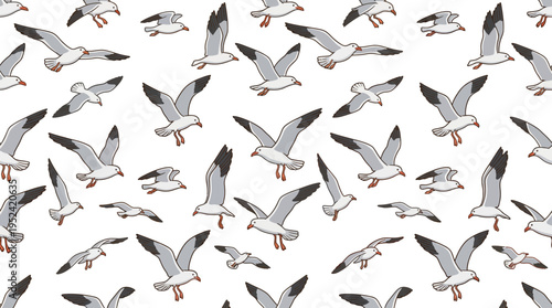 Seagull birds flying freely in a pattern, illustrated with motion