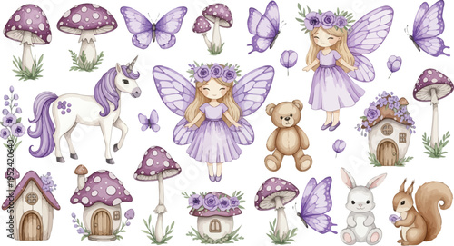 Whimsical illustration of fairies animals and mushrooms in a fantasy forest scene with purple hues and delicate details