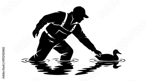Dedicated Waterfowl Enthusiast Wading to Retrieve Duck from Calm Pond Silhouette