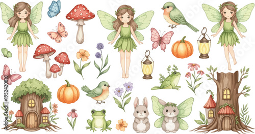 Whimsical fairy creatures and forest elements illustration with mushrooms flowers and animals in a magical setting