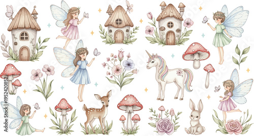 Whimsical illustration of fairy tale houses fairies mushrooms flowers and animals in a fantastical forest setting