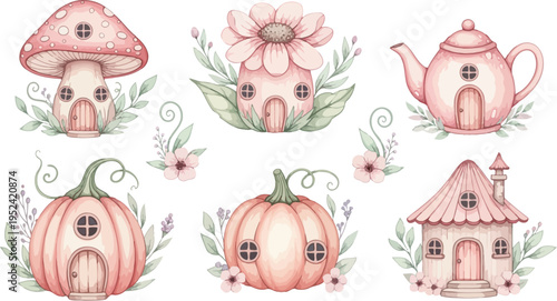 Funny cartoon animal set with piggy bank mushroom characters cute vector illustration