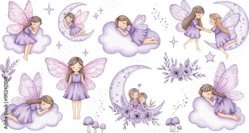 Whimsical fairy illustrations with purple dresses and wings on clouds and moon