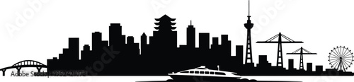 Asian city skyline silhouette with pagoda tower bridges ferris wheel and moving speed boat