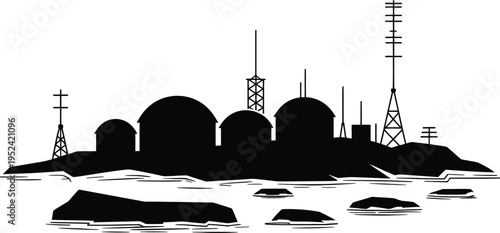 Arctic research station silhouetted against a transparent background scientific outpost landscape
