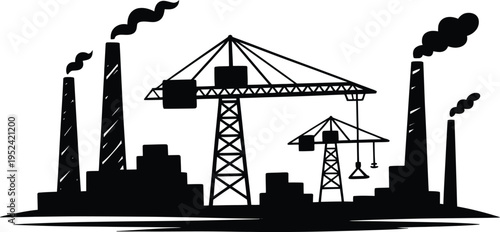 Factory plant silhouette with smoking chimneys and construction cranes for industrial business