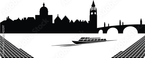 Historical european city skyline silhouette with old bridge dome and boat on river waterfront