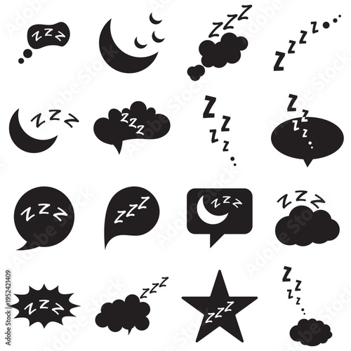 Sleep doodle icons zzz symbols collection. Hand drawn sleep themed doodles featuring Zzz symbols, speech bubbles, clouds, and moon icons representing dreaming, rest, and night time concepts.