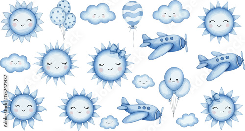 Collection of cute cartoon blue virus cells with smiling faces and various expressions