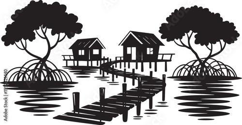 Mangrove trees and stilt houses silhouette on water with boardwalk vector