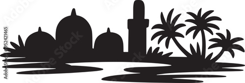 Middle eastern landscape with mosque domes, minaret, and palm trees silhouette vector illustration