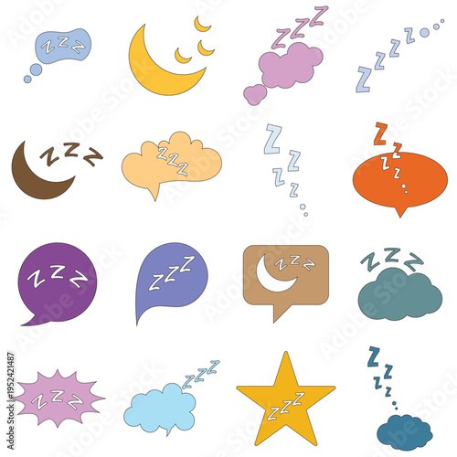Sleep doodle icons zzz symbols collection. Hand drawn sleep themed doodles featuring Zzz symbols, speech bubbles, clouds, and moon icons representing dreaming, rest, and night time concepts.