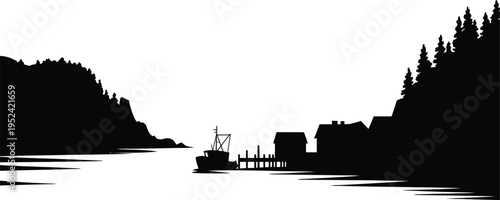 Quiet harbor town nestled in wooded cove with fishing boat and wooden pier