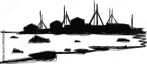 Rough sketch of industrial harbor silhouette with port buildings and ships on coastal shoreline