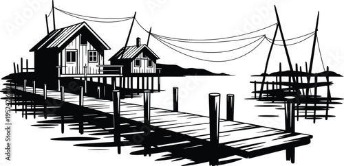 Rustic fishing village silhouette with wooden pier and coastal huts near electrical power lines