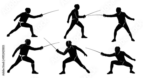 Fencing Silhouette: Six Athletes in Dynamic Poses, Action, Sport, Competition