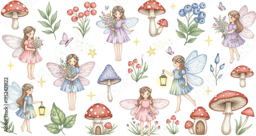 Whimsical illustration of fairies and flowers with mushrooms in a magical garden scene with colorful blooms and fungi