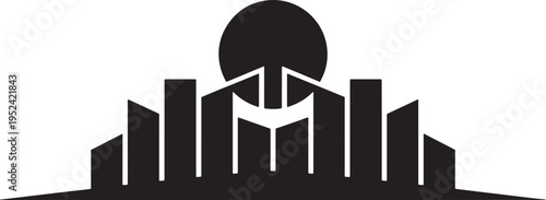 Symmetrical geometric city skyline logo design with large circular sun and modern skyscrapers