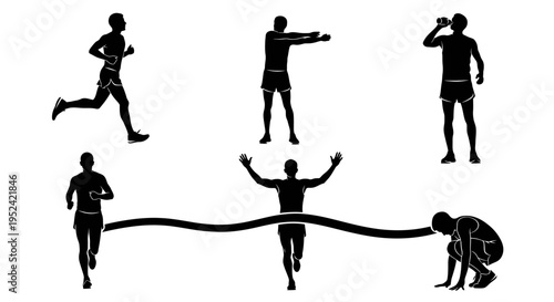 Running Man Silhouette Set: Training, Finish Line, Victory, Hydration