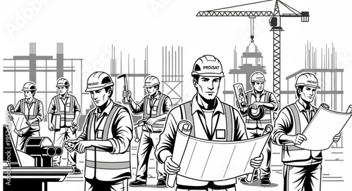 Construction Workers Reviewing Plans at a Building Site.