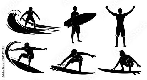 Surfer Silhouettes Collection: Dynamic Ocean Waves and Board Poses