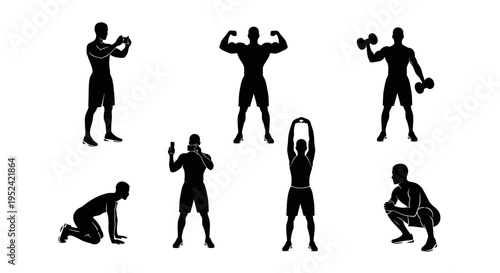 Fitness Silhouette Set: Men Exercising, Weightlifting, Stretching, Bodybuilding Poses