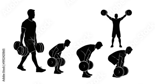 Weightlifting Exercise Sequence Silhouette: Deadlift to Overhead Press