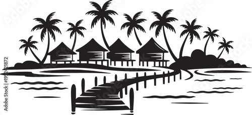 Tropical island resort with bungalows and palm trees over water ocean vector illustration