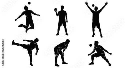 Silhouette of a man playing handball: action poses, jumping, throwing, kicking, catching