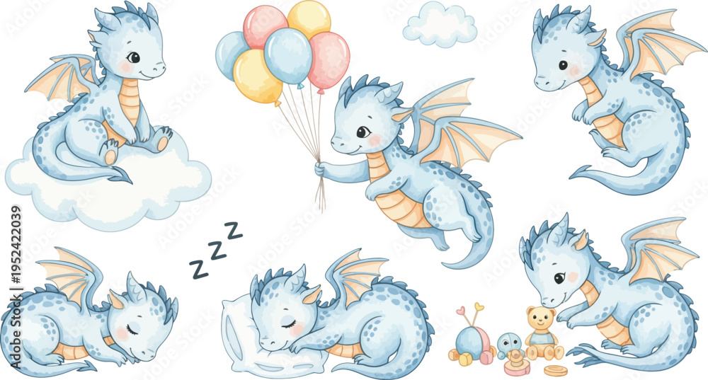 Fototapeta premium A group of adorable blue dragons in various poses with balloons and clouds