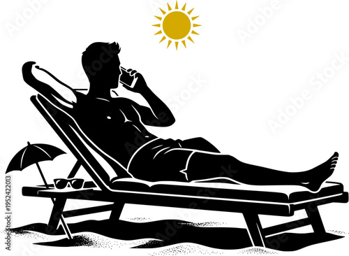 High-contrast silhouette of a man relaxing on a sun lounger at the beach, talking on a smartphone under a bright sun. Tropical summer.