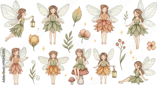 Whimsical illustration of multiple fairies in various poses with flowers and leaves in a dreamy garden setting