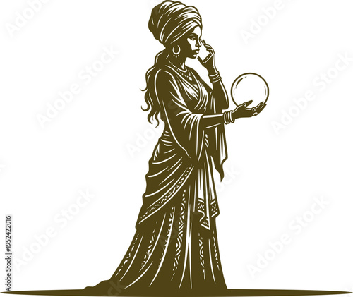 Elegant silhouette of a fortune teller woman wearing a turban and traditional dress, holding a magic crystal ball. Mystical and spiritual concept isolated on white.