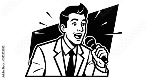 Energetic Man in Suit Holding Microphone, Delivering a Speech or Performance.