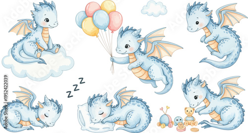 A group of adorable blue dragons in various poses with balloons and clouds