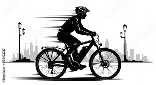 Electric Bike Rider Silhouette Speeding Through Cityscape.